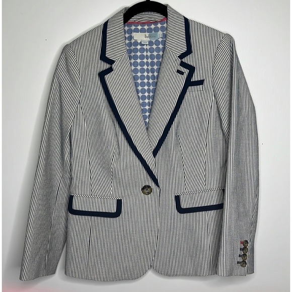 Boden Jackets & Blazers - Boden Womens Blue White Striped Seersucker Blazer Navy Trim Polka Dot Lining 12